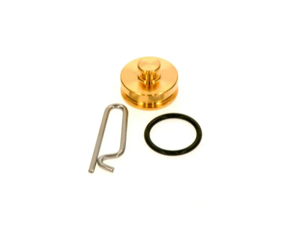 Bosch Stopfen aus Metall, rund mit einer zentralen Schraube, neben einem Metallclip und einem schwarzen O-Ring auf weißem Hintergrund.